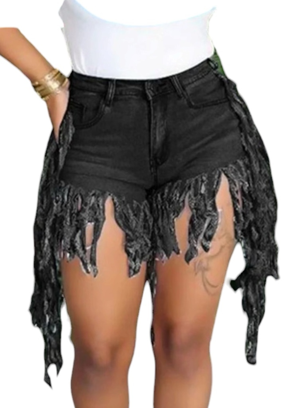 Frayed Tassel Hem Black Women's Summer High Waist Denim Shorts